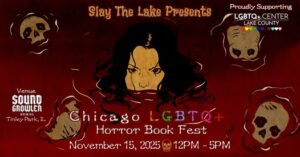 Slay the Lake LGBTQ+ Horror Book Fest. Mermaid rising from bloody water.